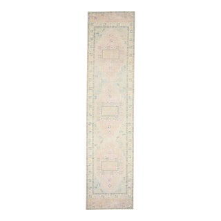 Blue & Pink Handwoven Turkish Oushak Runner 2'9" X 11'7" For Sale