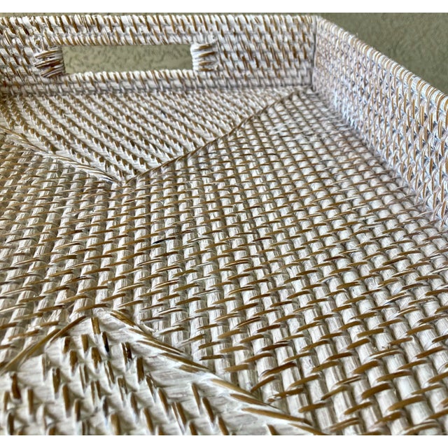 Off-white Circa 1990 Coastal Cottage Chic Whitewashed Rattan With Cut-Out Handles Decorative Tray For Sale - Image 8 of 13