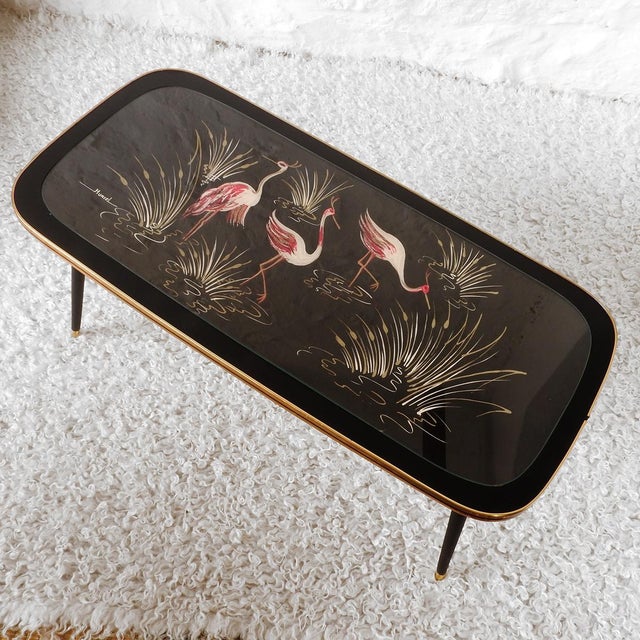 “Rockabilly” Coffee Table: Chipboard top with hand-painted wallpaper featuring Japanese-style migratory birds (in gold,...