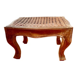 Italian Rattan and Carved Oak Foot Stool For Sale