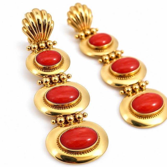 Mid-Century Modern Vintage 18k Yellow Gold 3-Station Cabochon Coral Shell Dangle Drop Earrings, Pair For Sale - Image 3 of 5