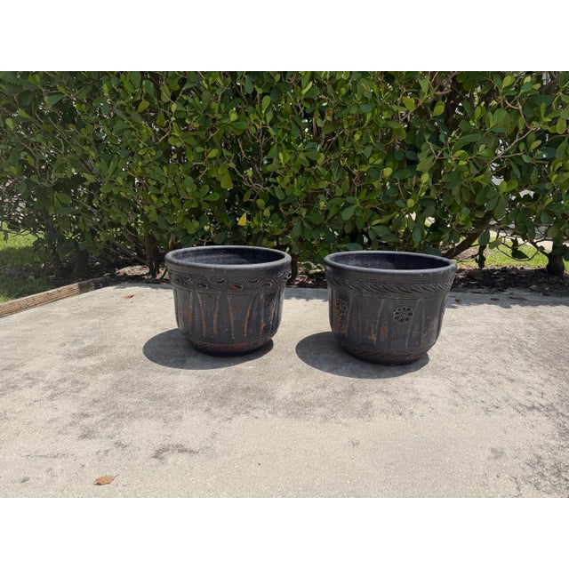 Vintage Mexican Blackwashed Terracotta Planters – Pair For Sale - Image 9 of 11