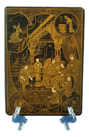 Black Lacquered and Gilded Papier-Mâché Plaque Panel, Japan, Late 19th-Early 20th Century