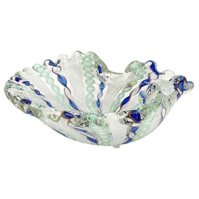 Salviati 1960s Zanfircio Murano Attributed Art Glass Shell Dish Green Latticino Ribbons by Salviati For Sale - Image 4 of 7