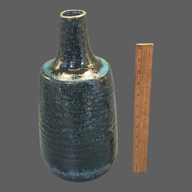 Ceramic Mid-Century-Modern Textured Reactive Glaze Pottery Bottle Vase Green Blue Color For Sale - Image 7 of 9