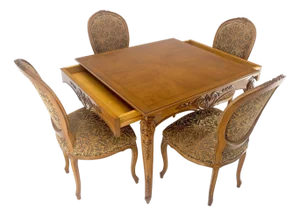 Country French Carved Italian Two Drawers Dining Game Table 4 Chairs Set