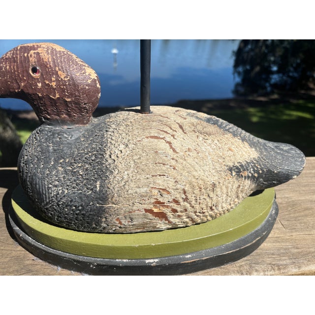 Early 20th Century Hand-Carved Duck Decoy Lamps With Custom Ticking Stripe Shades – Pair For Sale - Image 12 of 17