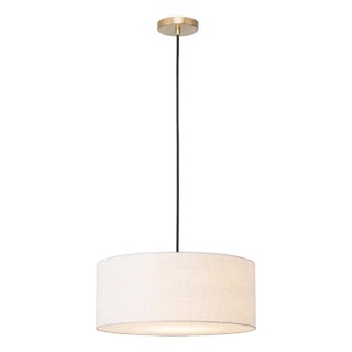 Stretch Pendant, White Linen Shade, Weathered Brass For Sale