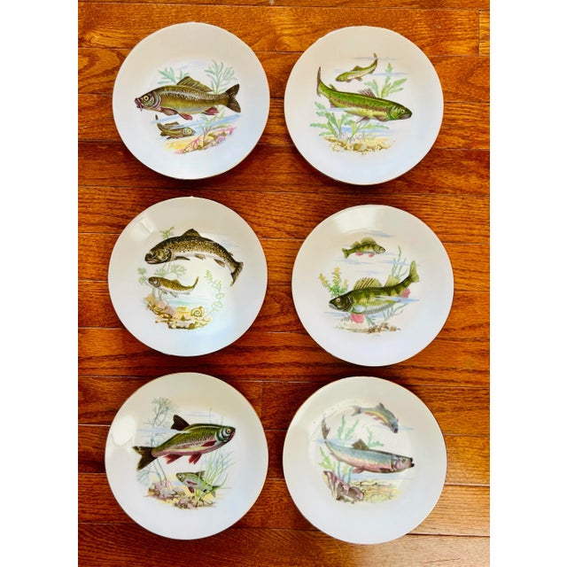Set of six 7.5” gold rimmed appetizer plates featuring a different trout fish on each. Made in Barvaria, Germany . Perfect...