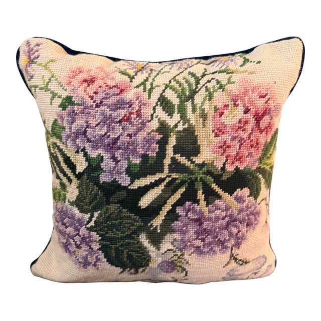 Vintage Hydrangea Blossoms Floral Needlepoint Accent Pillow For Sale