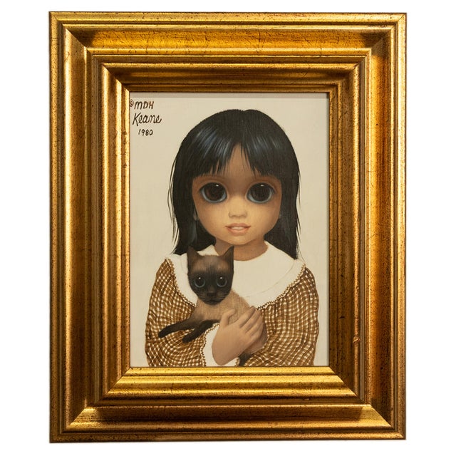 Authentic Oil Painting on Panel "Big Eyes" Beautiful Young Girl With Siamese Cat by Margaret Keane, 1980 For Sale - Image 4 of 14