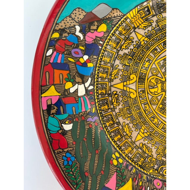 Vintage Hand Painted Terracotta Mexican Wedding Plate With Aztec Calandar For Sale - Image 4 of 11