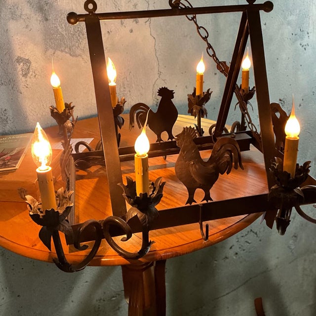 Vintage French Country Wrought Iron Rooster Chandelier With 6 Pot Hooks, 8-Light Hanging Fixture For Sale - Image 4 of 4