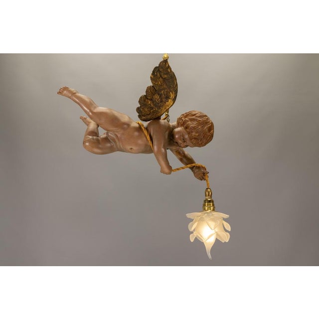 French Art Nouveau Cherub Pendant Light in Carved Wood & Frosted Glass, 1920 For Sale - Image 3 of 18