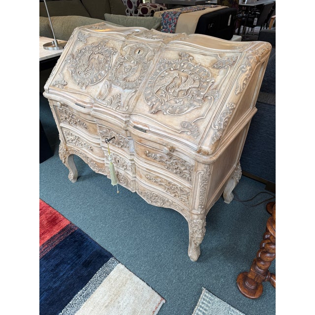French French Bleached + Carved Oak Wood Louis XV Secretary For Sale - Image 3 of 12