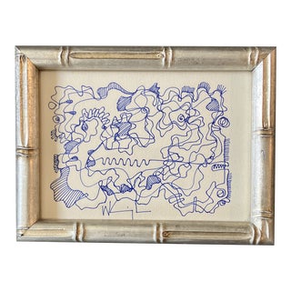 1980’s Original Vintage Small Wayne Cunningham Abstract Ink Drawing Faux Bamboo Frame For Sale