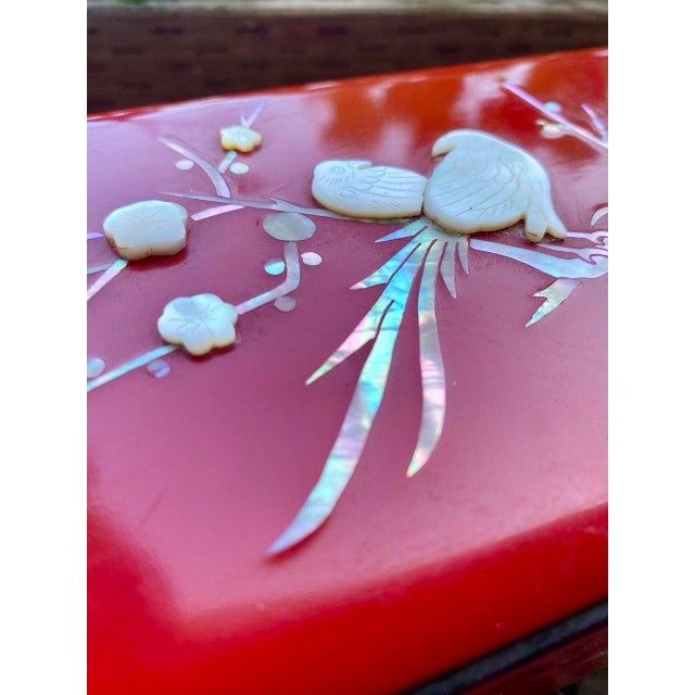Mid-Century Modern Vintage Japanese Red Lacquer Smoking Box With Mother-of-Pearl Birds and Brass Ash Receiver For Sale - Image 3 of 16