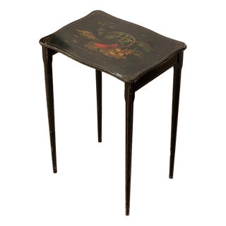 Vintage Chinoiserie Black Lacquer Side Table With Hand-Painted Asian Scene For Sale