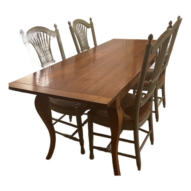 French Vintage Reproduction Hand Finished Waxed Wood Dining Table With 4 Sheaf Back Rush-Seat Chairs For Sale