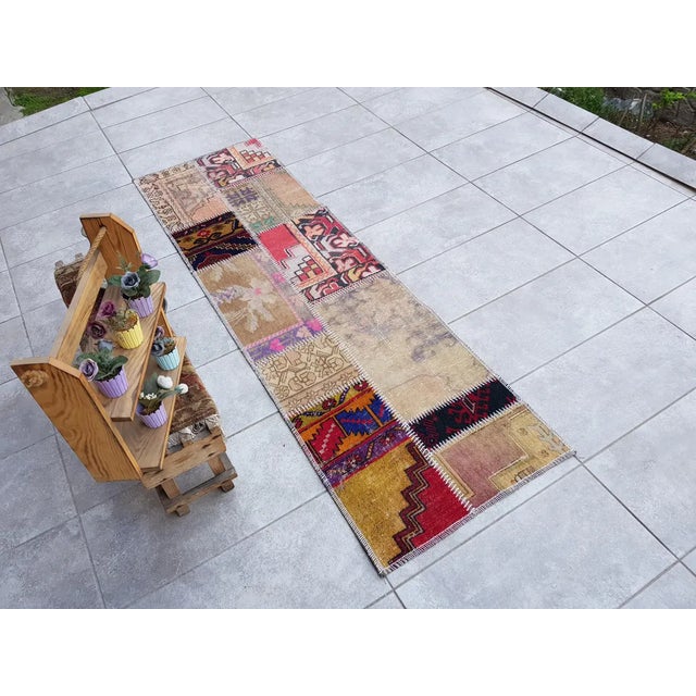 Biege and Red Wool Vintage Saloon Runner For Sale - Image 4 of 10