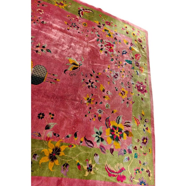 1920s Raspberry Pink Field Antique Floral Vase Chinese Art Deco Rug 8' 9" X 11' 4" Knotted Wool Carpet For Sale - Image 10 of 10