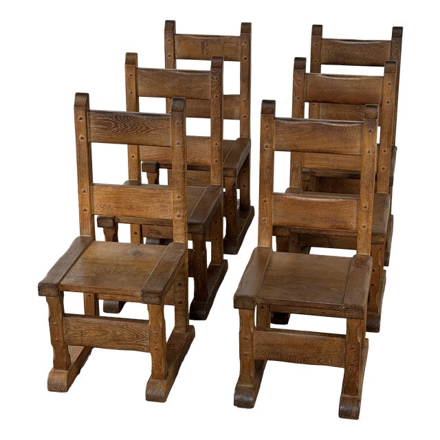 Vintage Dutch Brutalist Oak Dining Chairs, Set of 6 For Sale