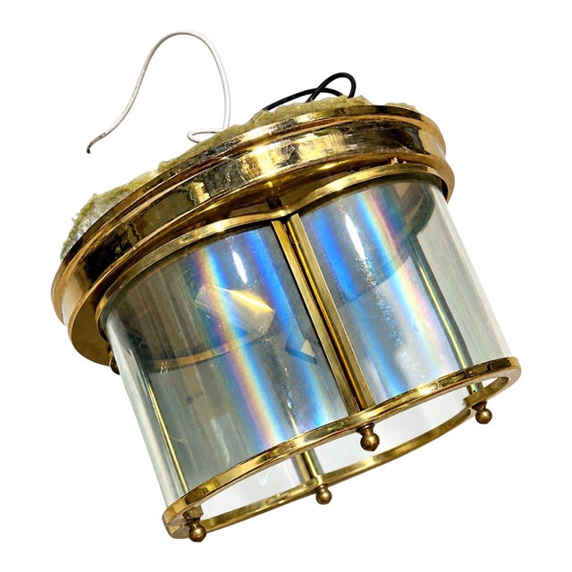 Vintage 2 Light Iridescent Glass & Brass Flush Mount Ceiling Light Fixture For Sale