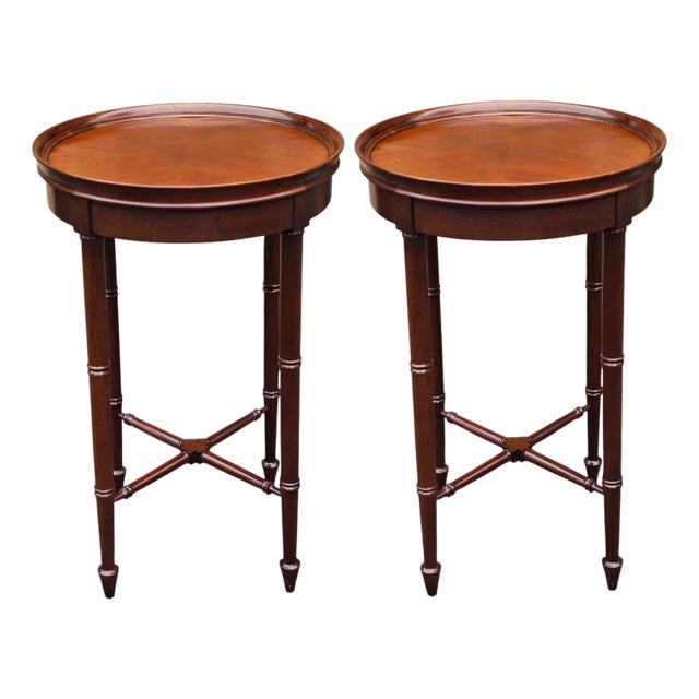 Stunning Pair of Vintage Hollywood Regency Bookmatched Cherry Accent Tables by Hekman Furniture For Sale