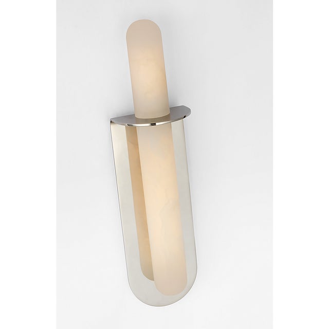 Silver Kelly Wearstler for Visual Comfort Signature Fosse 18" Invertable Offset Oval Sconce in Polished Nickel with Alabaster For Sale - Image 8 of 12