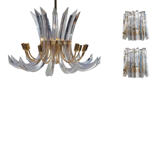 Curved Italian Murano Crystal Rib Prism Chandelier & Sconces in the Manner of Venini For Sale