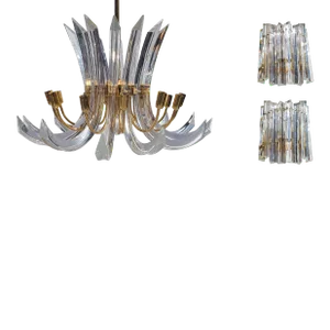 Curved Italian Murano Crystal Rib Prism Chandelier & Sconces in the Manner of Venini