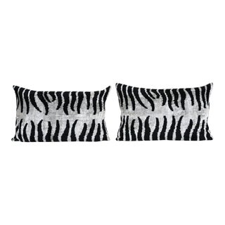 Zebra Print Silk Ikat Velvet Pillow Cover - A Pair For Sale