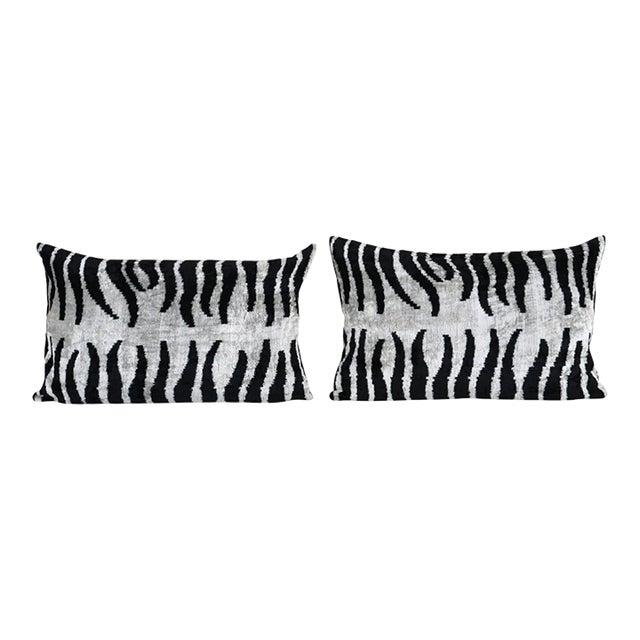 Zebra Print Silk Ikat Velvet Pillow Cover - A Pair For Sale