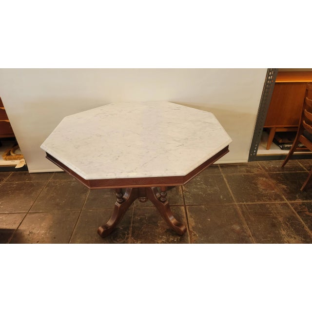 Victorian Style Marble Top Dining Table Octangle White Carrara Marble With Brown Mahogany Base For Sale - Image 4 of 7