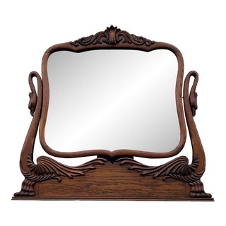 Antique Carved Swans Articulating Beveled Glass Oak Dressing Mirror For Sale