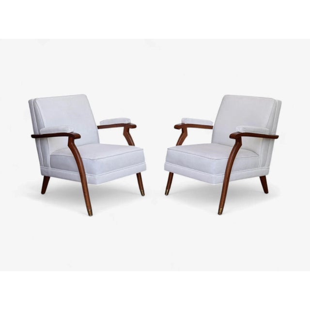 Mid-Century Modern Maison Leleu Style, French Modern, White Mohair, Wood, Lounge Chairs, 1970s For Sale - Image 3 of 12