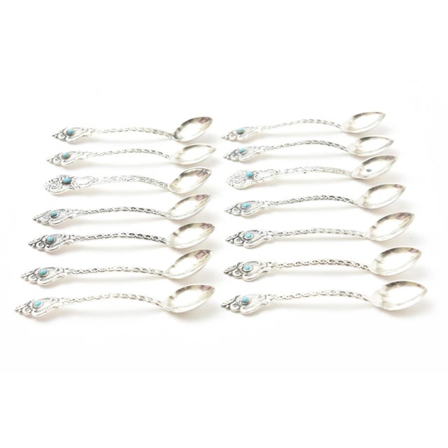 Vintage Sterling Silver and Turquoise Demitasse and Serving Spoons Set of 14, Brazil For Sale In Miami - Image 6 of 10