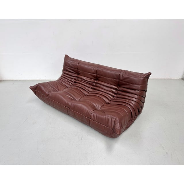 Ligne Roset Mid-Century French Togo Sofa in Chestnut Brown Leather attributed to Michel Ducaroy for Ligne Roset For Sale - Image 4 of 10