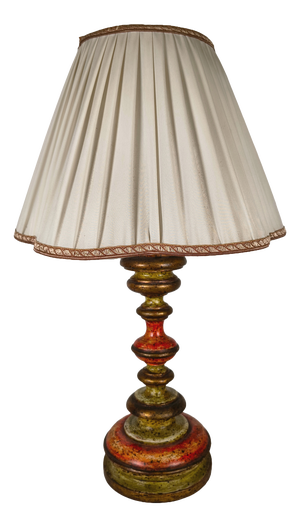 Mid-20th Century Italian Polychrome and Gilt Wood Table Lamp with Pleated Lampshade
