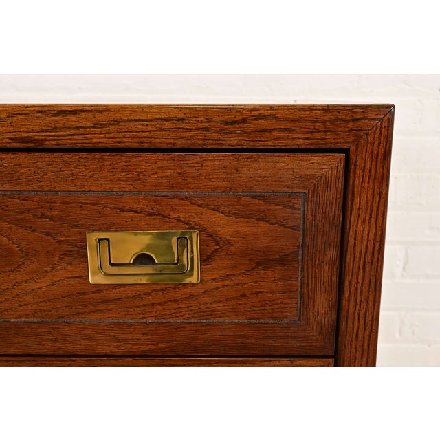 Brown Henredon Style Mid-Century Modern Campaign Oak Bedside Chests, Circa 1970s For Sale - Image 8 of 14