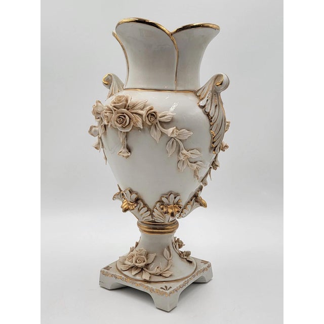 Capodimonte Antique OOAK Mid Century Ornate Hand Made Capodimonte Italy Large Vase No Chips For Sale - Image 4 of 12