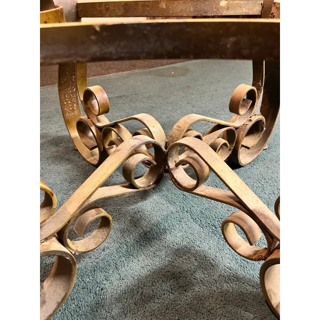 Vintage Gilt Iron Scrollwork Round Coffee Table With 3/4-Inch Glass Top For Sale - Image 4 of 8