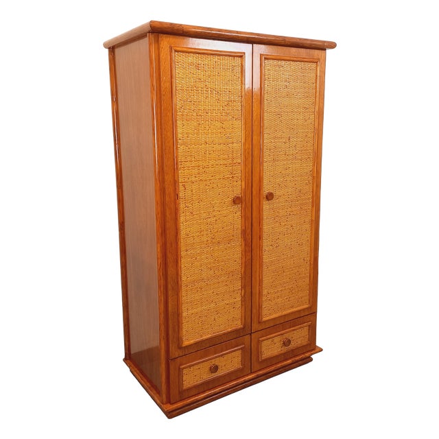 Vintage Maugrion Wardrobe in Woven Rattan and Wood from Roche Bobois, 1970s For Sale