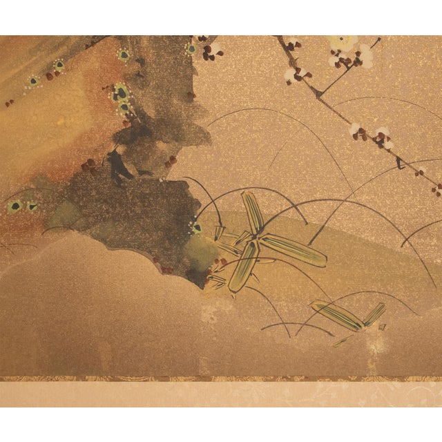 Wood 1960s Shōwa Era Japanese Byobu Screen by Issai, "Sakura and Sparrows" For Sale - Image 7 of 18