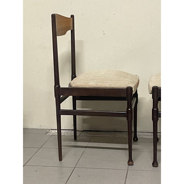 Set of 6 1960s-style chairs in wood and fabric, made in Italy. Slender, linear structure with a curved plywood backrest....