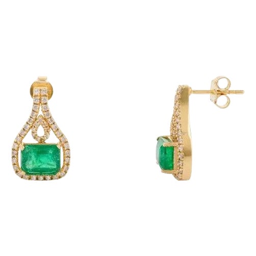 3.67 Ct Natural Emerald and Diamond Bridal Stud Earrings in 18k Solid Gold For Sale