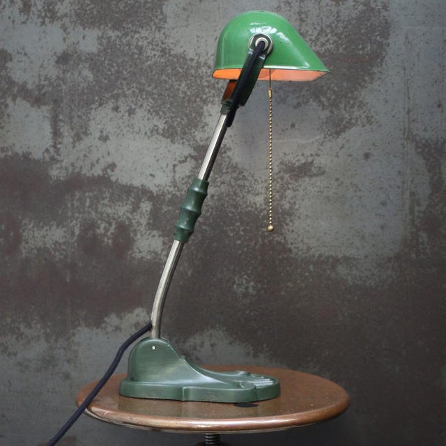 Industrial Vintage Industrial Green Enamel Banker Light For Sale - Image 3 of 8