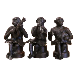 Vintage Set of Three Miniature Bronze Musician Monkeys Playing Instruments
