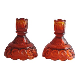 1940-66 L.e Smith Moon & Stars Amberina Glass -Candlesticks in Ruby Red - Set of 2 For Sale
