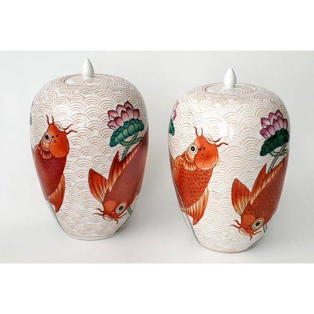 Chinoiserie Ginger Jar Pair With Koi Fish Goldfish - Coastal Nautical For Sale - Image 3 of 11